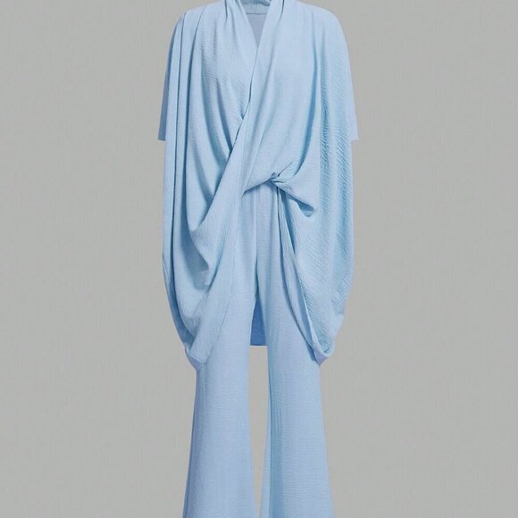 Blue Elegant Women's Loose Comfortable Texture Style Women Top And Pants Set - Picture 4 of 4